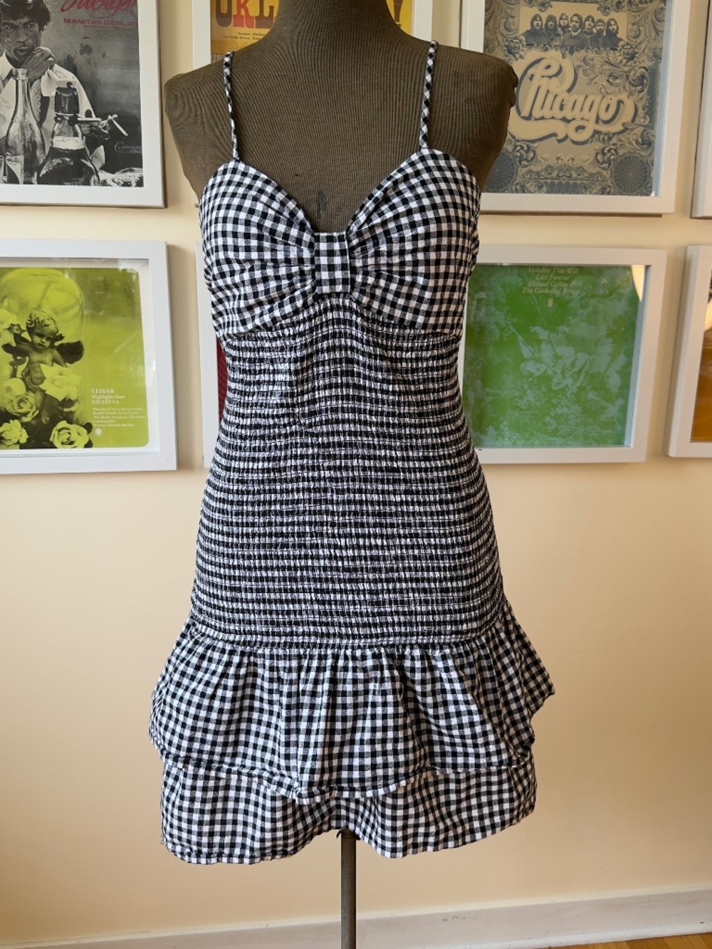 Black & White Gingham Shirred Ruffle Mini Dress | Tie-Back Picnic | Coquette